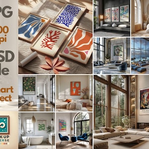 May include: A collection of framed art prints featuring abstract designs in blue, orange, and red. The prints are displayed on a light-colored surface, with a wooden frame. The image also includes a mock-up of a framed art print with the text "MOCK-UP UNIVERSE".
