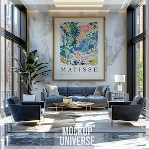 Large Hall Frame Mockup PSD, Luxury Lobby Wall Art Mockup, Vertical Framed Canvas Mockup, Modern Luxe Interior Art Template for Photoshop