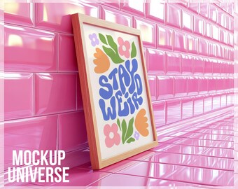 Pink Frame Mockup Side View, Girly Wall Art Template, Trendy Tile Frame Mockup, Colorful Frame Poster Mockup PSD, Picture Mockup Photoshop