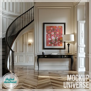 Elegant Entryway Frame Mockup, Classic Paneled Wall Art Mockup Frame, Luxe Framed Canvas Template, Refined Hallway Artwork Display PSD