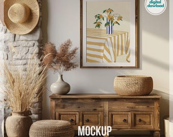 Vertical Wood Frame Mockup, Farmhouse Wall Art Mockup, Rustic Interior Mockup, Photoshop Mockup PSD, Antique Cottage Framed Canvas Template