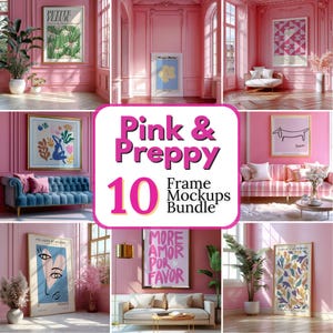 Paquete de maquetas de marcos de color rosa y preppy, conjunto de maquetas de pósteres femeninos, paquete de maquetas de arte de pared preppy, exhibición de obras de arte de princesas femeninas elegantes en formato PSD