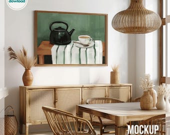 DIN A Vertical Frame Mockup PSD, Scandinavian Kitchen Scene Dining Framed Canvas Template for Artwork Printable Art Mockup for Photoshop