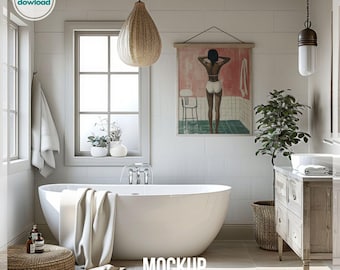 Modern Bathroom Frame Mockup Bathtub Artwork Mock Up White Interior Mockup Vertical Mockup Frame for Wall Art Poster Mockup PSD Template