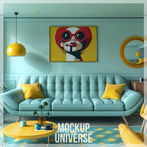 May include: A teal blue sofa with yellow throw pillows in a living room with a yellow lamp, a round mirror with a gold frame, and a framed print of a woman wearing red sunglasses and a red hat. The text "MOCKUP UNIVERSE" is printed on the floor in front of the sofa.