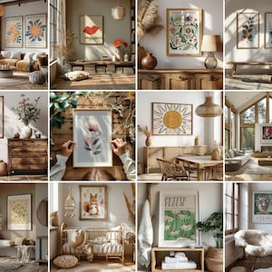 May include: A collection of 10 framed botanical prints with various floral and nature-inspired designs. The prints are displayed in a variety of settings, including a living room, a bedroom, and a dining room. The prints feature a variety of colors, including green, blue, red, and yellow.