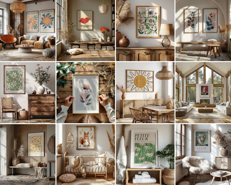 May include: A collection of 10 framed botanical prints with various floral and nature-inspired designs. The prints are displayed in a variety of settings, including a living room, a bedroom, and a dining room. The prints feature a variety of colors, including green, blue, red, and yellow.