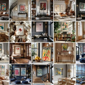 May include: A collection of framed art prints featuring various styles and themes. The prints showcase botanical illustrations, abstract designs, and vintage posters. The color palettes range from vibrant to muted tones, suitable for home decor and interior design.