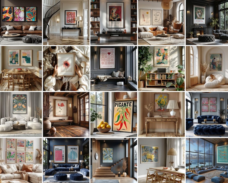 May include: A collection of framed art prints featuring various styles and themes. The prints showcase botanical illustrations, abstract designs, and vintage posters. The color palettes range from vibrant to muted tones, suitable for home decor and interior design.