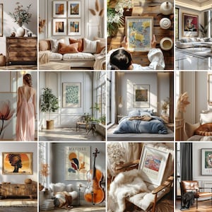 May include: A collection of framed art prints displayed in various interior settings. The art includes botanical illustrations, abstract designs, and portraits. The frames are in various styles, including wood and gold. The rooms are decorated with neutral colors and natural light.