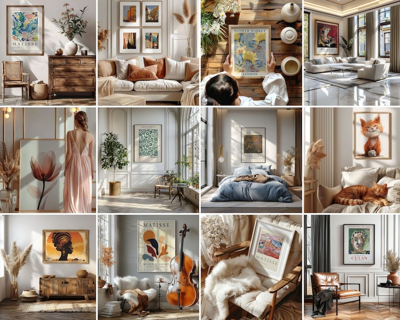May include: A collection of framed art prints displayed in various interior settings. The art includes botanical illustrations, abstract designs, and portraits. The frames are in various styles, including wood and gold. The rooms are decorated with neutral colors and natural light.
