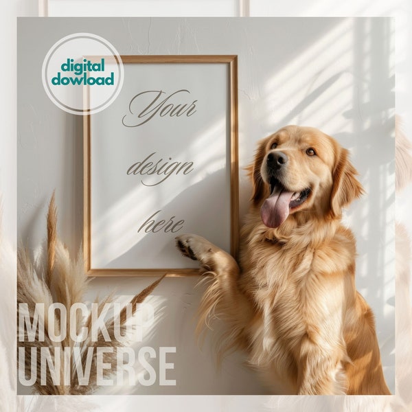 Golden Retriever Dog Frame Mockup, Pet Art Template, Editable PSD with Smart Object, Digital Download