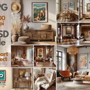 May include: A collage of images showcasing various interior design styles featuring framed artwork, including a painting of a Tuscan landscape, abstract art prints, and a botanical illustration. The images depict different rooms, such as a living room, bedroom, and bathroom, with a variety of furniture and decor.