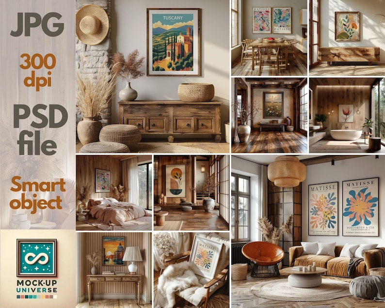 May include: A collage of images showcasing various interior design styles featuring framed artwork, including a painting of a Tuscan landscape, abstract art prints, and a botanical illustration. The images depict different rooms, such as a living room, bedroom, and bathroom, with a variety of furniture and decor.