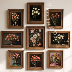 May include: Nine framed floral art prints in various sizes and arrangements. The artwork features bouquets of roses and other flowers in vases, with a vintage aesthetic. The frames are made of dark wood, and the color palette includes pink, red, white, and yellow.
