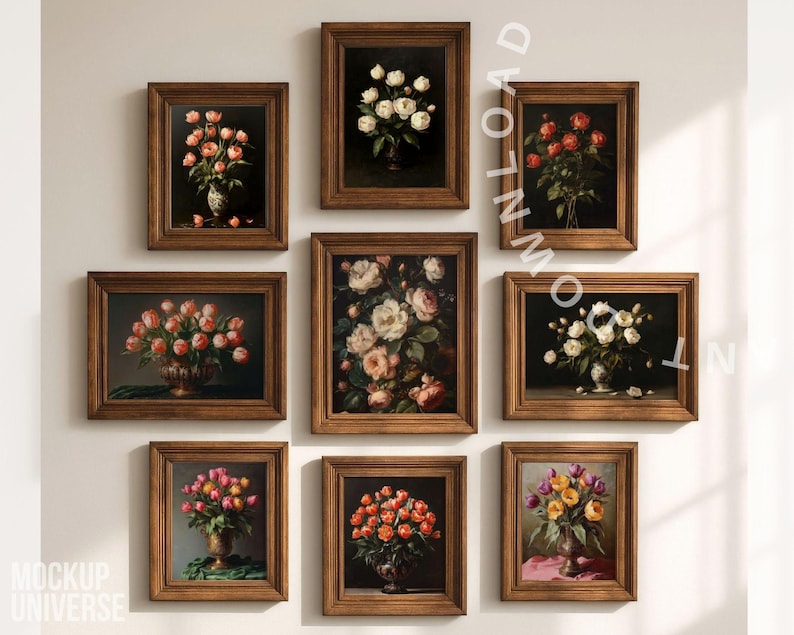 May include: Nine framed floral art prints in various sizes and arrangements. The artwork features bouquets of roses and other flowers in vases, with a vintage aesthetic. The frames are made of dark wood, and the color palette includes pink, red, white, and yellow.