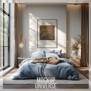 Minimal Bedroom Frame Mockup for Artwork, Modern Interior Wall Art Mockup, Bedside Vertical Thin Frame Mockup, Neutral Mockup Frame PSD