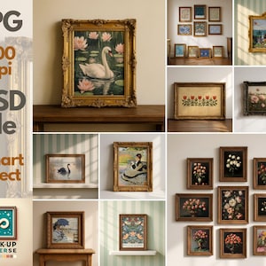 May include: A collection of framed art prints in various styles. The prints include a swan on a pond, floral arrangements, and landscape scenes. Frames are gold and dark wood. The image also includes text: JPG, 300 dpi, PSD file, Smart object, and Mock-up Universe.