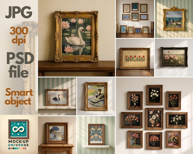 May include: A collection of framed art prints in various styles. The prints include a swan on a pond, floral arrangements, and landscape scenes. Frames are gold and dark wood. The image also includes text: JPG, 300 dpi, PSD file, Smart object, and Mock-up Universe.