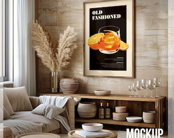 Home Bar Frame Mockup, Farmhouse Artwork Mockup Frame, Cottage Wall Art Mockup PSD, Elegant Interior Mockup, Framed Canvas Template