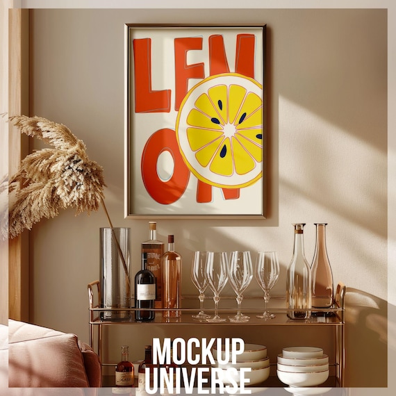 Bar Cart Frame Mockup, Home Bar Artwork Mockup Frame, Luxury Drinks Wall Art Mockup, Gold Frame Mockup PSD, Cocktail Artwork Display