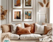 4 Frame Mockup Gallery Wall Set, Neutral Boho Wall Art Mockup, Four Framed Canvas Mockup Fall Decor, Warm Autumn Print Mockup PSD