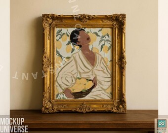 Vintage Wood Frame Mockup, Classic Wall Art Mockup for Antique Fine Art, Rustic Print Artwork Template, Realistic Carved Frame PSD