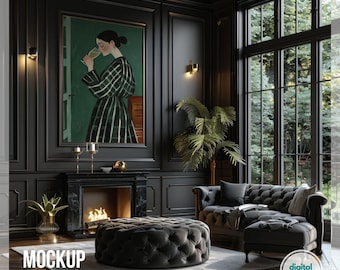 Black Luxury Frame Mockup, Moody Dark Fireplace Wall Art Template, Elegant Framed Canvas Mockup, Gothic Wall Art Frame PSD for Photoshop