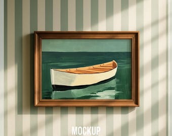 Vintage Wood Frame Mockup on Striped Wall, Classic Landscape Wall Art Mockup for Fine Art, Retro Artwork Template, Realistic Frame PSD