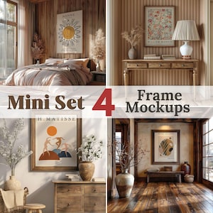 Farmhouse Frame Mockup Set, Rustic Interior Wall Art Mockup, Mockup Frames Bundle, Wood Framed Canvas Mockup, Vintage Art Print Template PSD