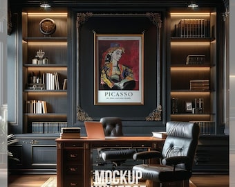Luxury Dark Home Office Frame Mockup, Black Workplace Wall Art Mockup, Elegant Artwork Display, Classic Gold Framed Poster Mockup PSD