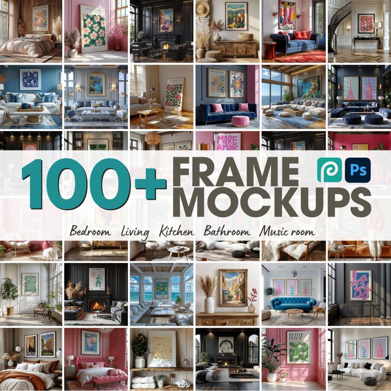 May include: A grid of interior design mockups featuring framed art in various settings, including bedrooms, living rooms, and bathrooms. The text "100+ FRAME MOCKUPS" is displayed prominently, with additional text indicating room types.