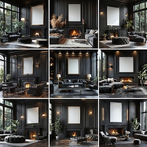 May include: Nine images of a dark, luxurious living room with a fireplace, black furniture, and gold accents. Each image features a different framed artwork.