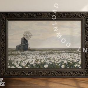 May include: A framed landscape print featuring a windmill and a field of white flowers under a cloudy sky. The dark brown frame has ornate carvings. The artwork evokes a serene, pastoral scene.