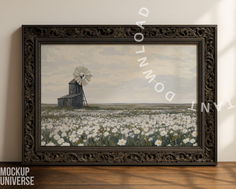 May include: A framed landscape print featuring a windmill and a field of white flowers under a cloudy sky. The dark brown frame has ornate carvings. The artwork evokes a serene, pastoral scene.