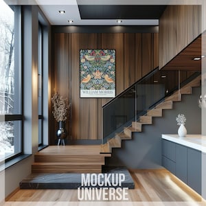 Wood Interior Frame Mockup with Stairs, Elegant Poster Mockup, Classic Wall Frame Template, Canvas Mockup, Entryway Wall Art Mockup PSD JPG
