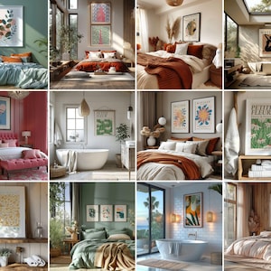 May include: A collection of interior design images showcasing bedrooms and bathrooms. Each room features framed artwork, beds with decorative bedding, and stylish furniture. The color palettes vary, including shades of green, orange, pink, and neutral tones, creating a cozy and inviting atmosphere.