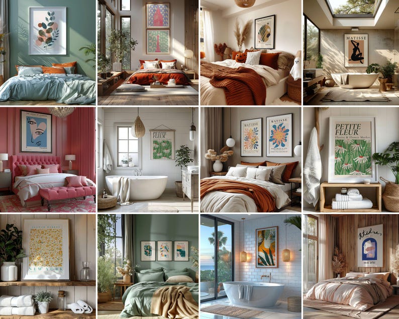 May include: A collection of interior design images showcasing bedrooms and bathrooms. Each room features framed artwork, beds with decorative bedding, and stylish furniture. The color palettes vary, including shades of green, orange, pink, and neutral tones, creating a cozy and inviting atmosphere.