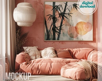 Large Frame Mockup Coral Boho Living Room Interior - Farmhouse Wall Art Mockup - Sunny Digital Art Display PSD - Smart Object Template