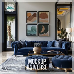 May include: A living room interior design mockup featuring a blue velvet sofa with tufted buttons, a coffee table, two blue velvet ottomans, and a rug. Four abstract art prints with a desert, ocean, and moon theme are displayed on the wall. The text "MOCKUP UNIVERSE" is displayed on the rug.