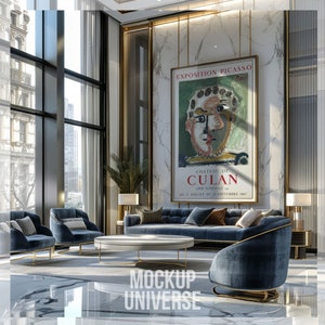 Large Hall Frame Mockup, Luxury Hotel Mockup, Gold Framed Canvas Mockup, Poster Print Template, Modern Interior Art Display Photoshop PSD