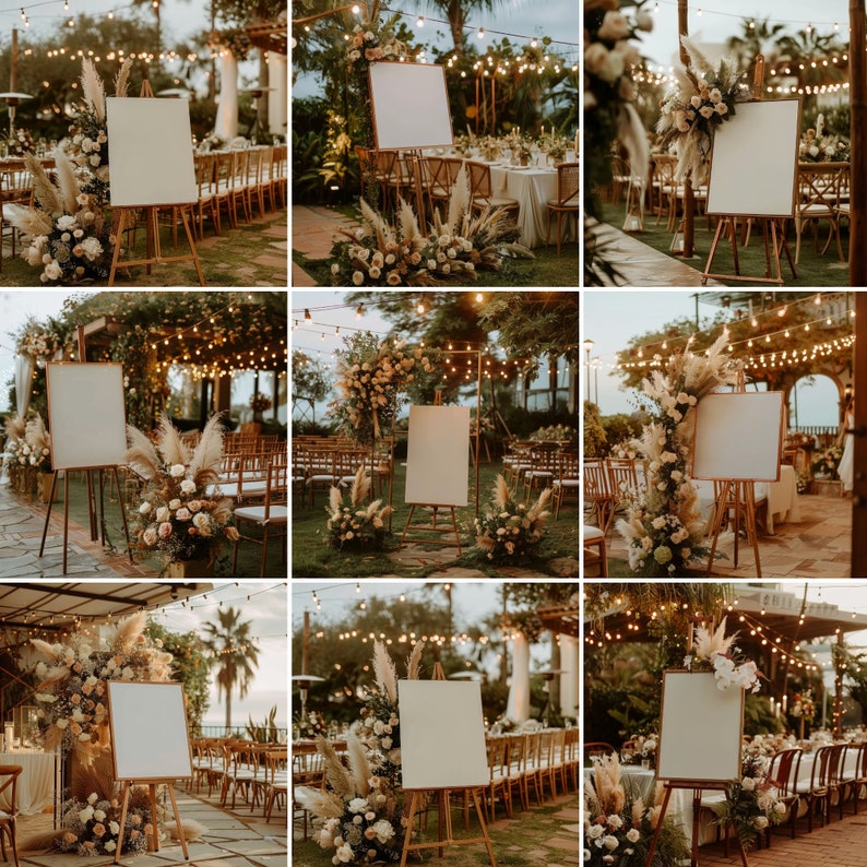 May include: Nine blank white signs on easels are decorated with pampas grass and flowers. The signs are set up in an outdoor wedding ceremony setting with string lights and greenery.