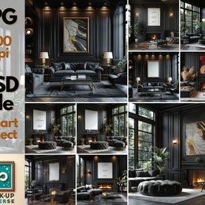 May include: A black and gold living room interior design mockup with a fireplace, large windows, and a black sofa. The room features a variety of decorative elements, including artwork, plants, and lighting. The mockup is perfect for showcasing interior design ideas.