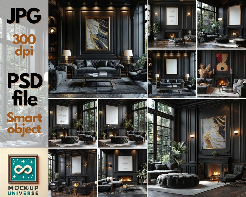 May include: A black and gold living room interior design mockup with a fireplace, large windows, and a black sofa. The room features a variety of decorative elements, including artwork, plants, and lighting. The mockup is perfect for showcasing interior design ideas.