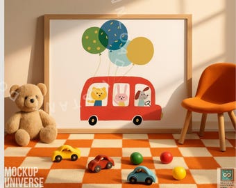 Landscape Frame Mockup for Kids Art, Cute Baby Wall Art Template, Nursery Digital Print Display, Gaming Room Picture Poster Mockup PSD