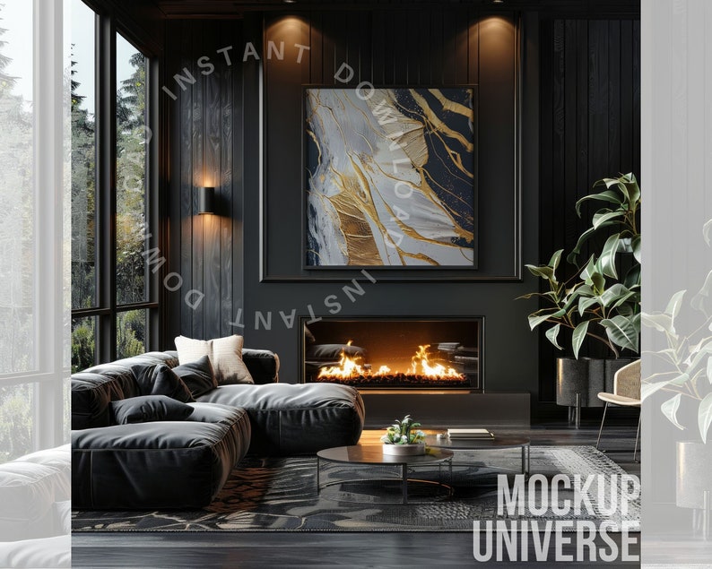 May include: A black sectional sofa with cream throw pillows sits in front of a fireplace with a black frame and a gold and white abstract painting above it. A potted plant and a black chair are in the corner of the room.