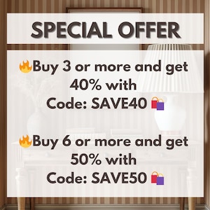 May include: A white sign with a special offer for buying 3 or more items and getting 40% off with code SAVE40 or buying 6 or more items and getting 50% off with code SAVE50. The sign has a yellow flame emoji and a purple shopping bag emoji.