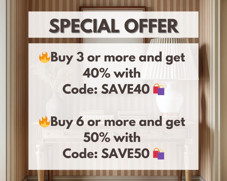May include: A white sign with a special offer for buying 3 or more items and getting 40% off with code SAVE40 or buying 6 or more items and getting 50% off with code SAVE50. The sign has a yellow flame emoji and a purple shopping bag emoji.