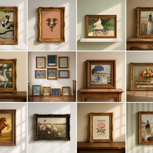 May include: Collection of framed vintage art prints. The prints feature various scenes, including a woman reading, a floral heart, a child on a bicycle, a woman in a field, a swan on a lake, and floral patterns. The frames are ornate and gold-toned.