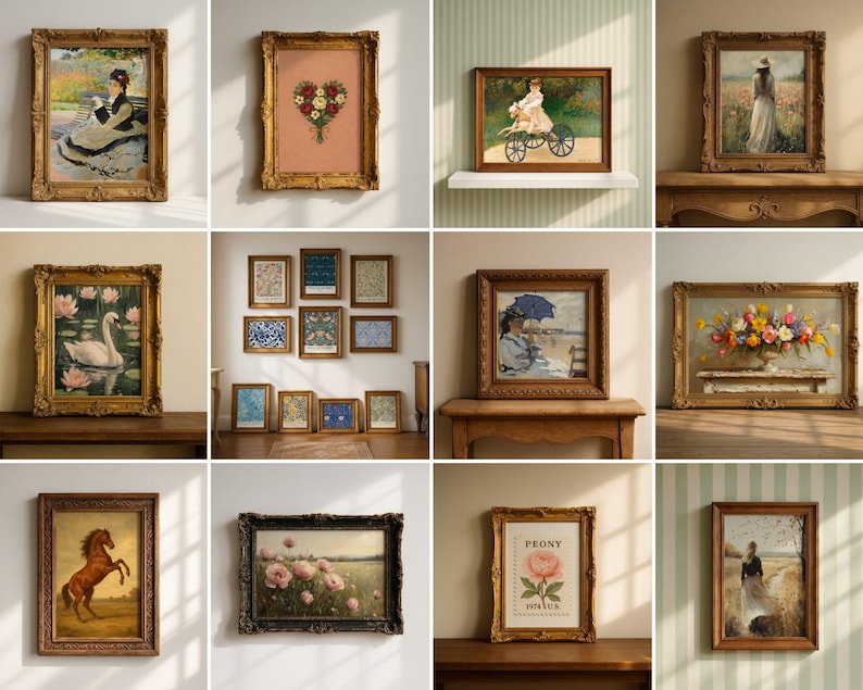 May include: Collection of framed vintage art prints. The prints feature various scenes, including a woman reading, a floral heart, a child on a bicycle, a woman in a field, a swan on a lake, and floral patterns. The frames are ornate and gold-toned.